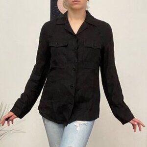 Philippe Adec Long Sleeve Button-Up Shirt Blouse Chest Pocket Size 4 Black